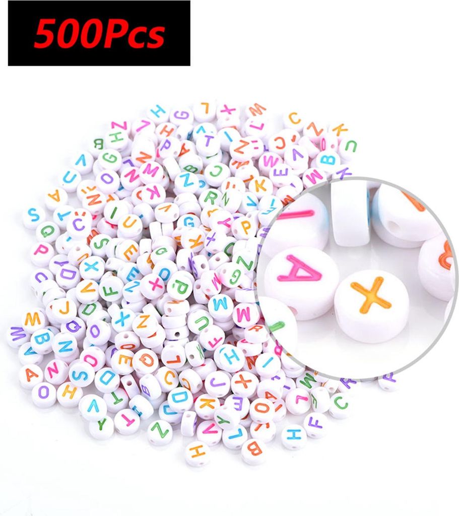Buchstabenperlen, 500pcs schön gedruckt 7 Farben rund für Armbänder DIY Basteln machen Halsketten, Schlüsselketten Kinder