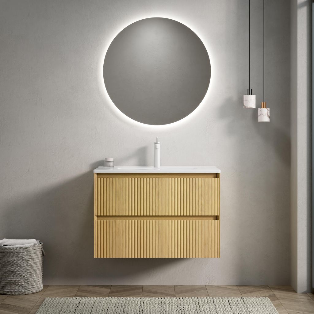 75cm Wandmontie Badezimmer-Waschtisch mit Weißes Rechteckigem Keramik-Unterbauwaschbecken, Gestreifter Sperrholz Schrank mit 2 Schubladen, Vormont...