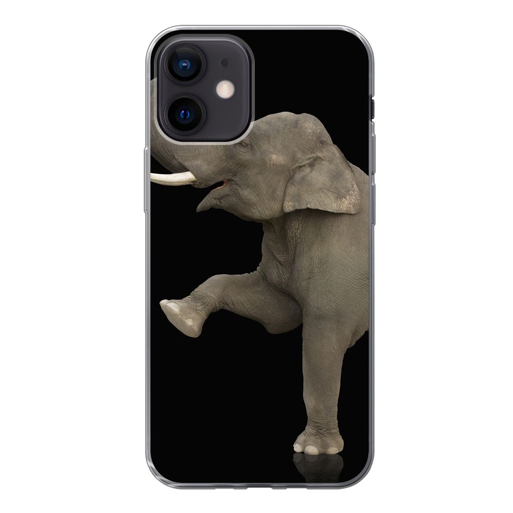 MuchoWow Handyhülle Schutzhülle Hülle für iPhone 12 Elefant - Tiere - Schwarz - Porträt Silikon Softcase Handy Hülle - Schutzhülle