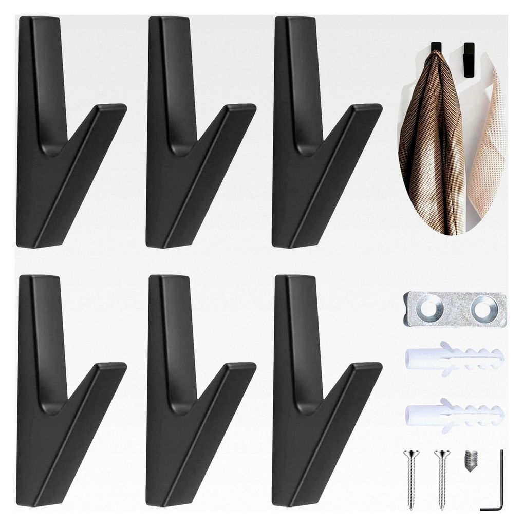 6er Set Kleiderhaken aus Zinklegierung für Akustikpaneele, Garderobenhaken in Schwarz Matt, Wandhaken für Bäder, Küchen, Flure und Foyers, Rost...