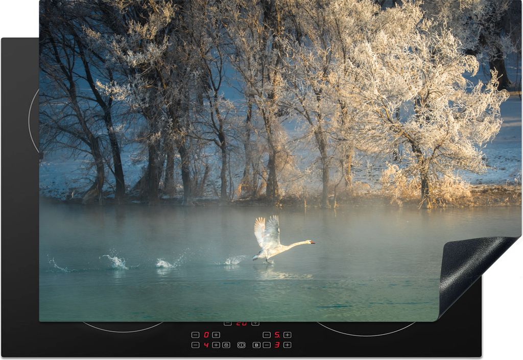 KitchenYeah Herdabdeckplatte Schwan - Bäume - Winter , 76x51cm, Küche Deko, Ceranfeld Herdabdeckung, Abdeckplatte fùr Kochfeld