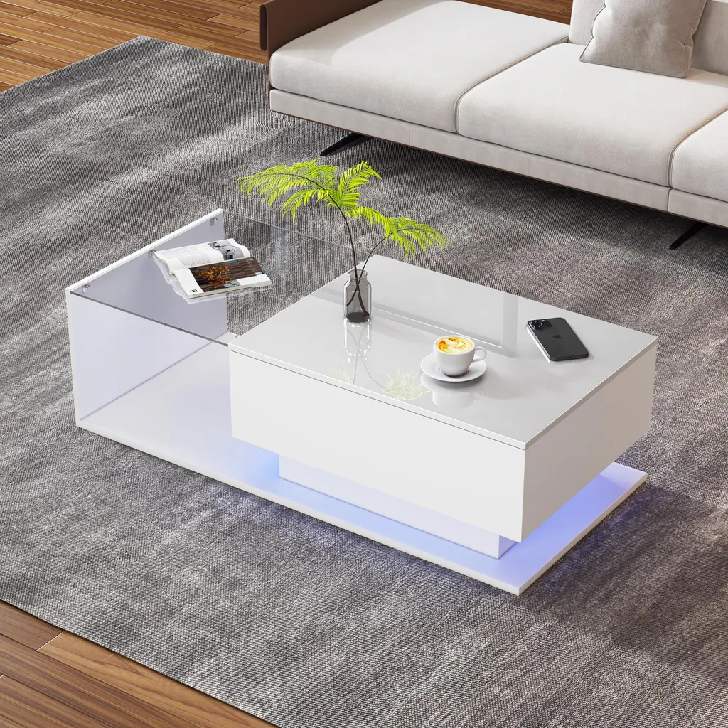 Tavolino Basso Sweiko Bianco Lucido 100cm - Antigraffio con Vetro e LED