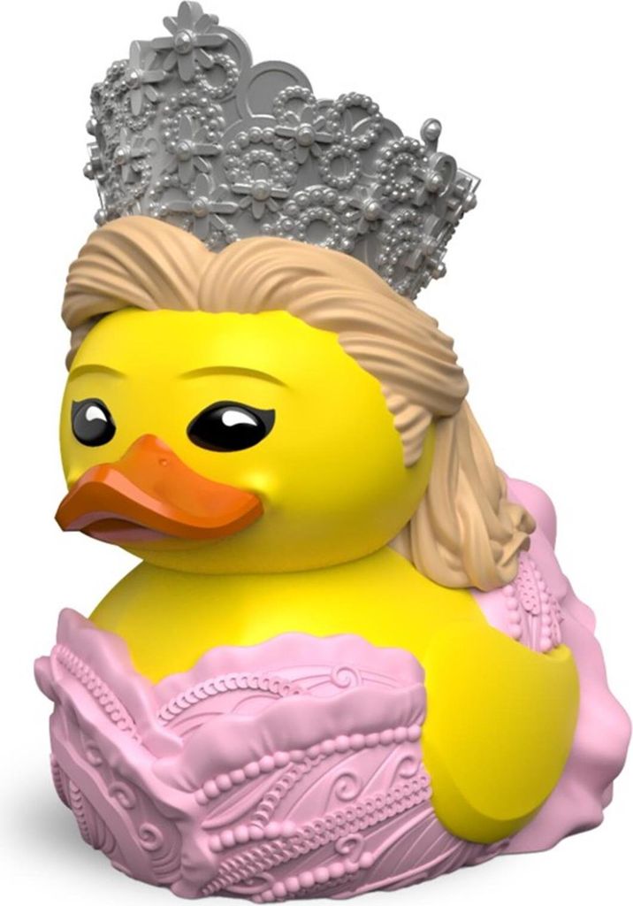 A yellow rubber duck dressed as a princess with a crown and a pink dress.