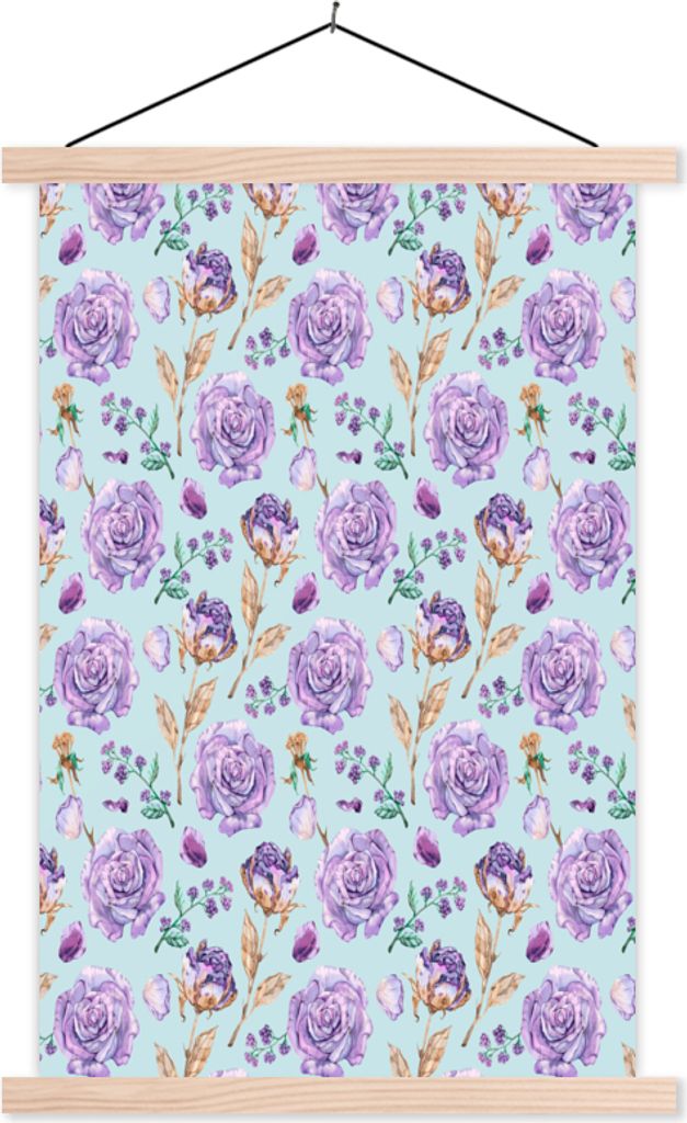 MuchoWow Textilposter Blumen - Rosen - Lila 120x180 cm mit holzfarbenen Rahmen - Textil-Plakat