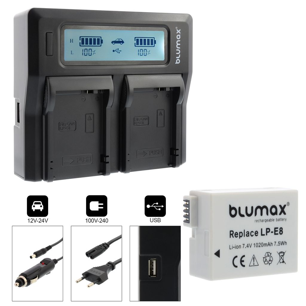 1x Akku + Lader für Canon LP-E8 EOS 550D 650D 700D Rebel T3i 1020 mAh (3,6V)