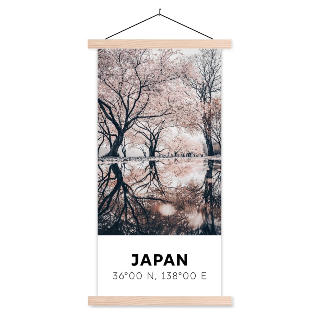 MuchoWow Textilposter Japan - Sakura - Frühling - Rosa 60x120 cm mit holzfarbenen Rahmen - Holz