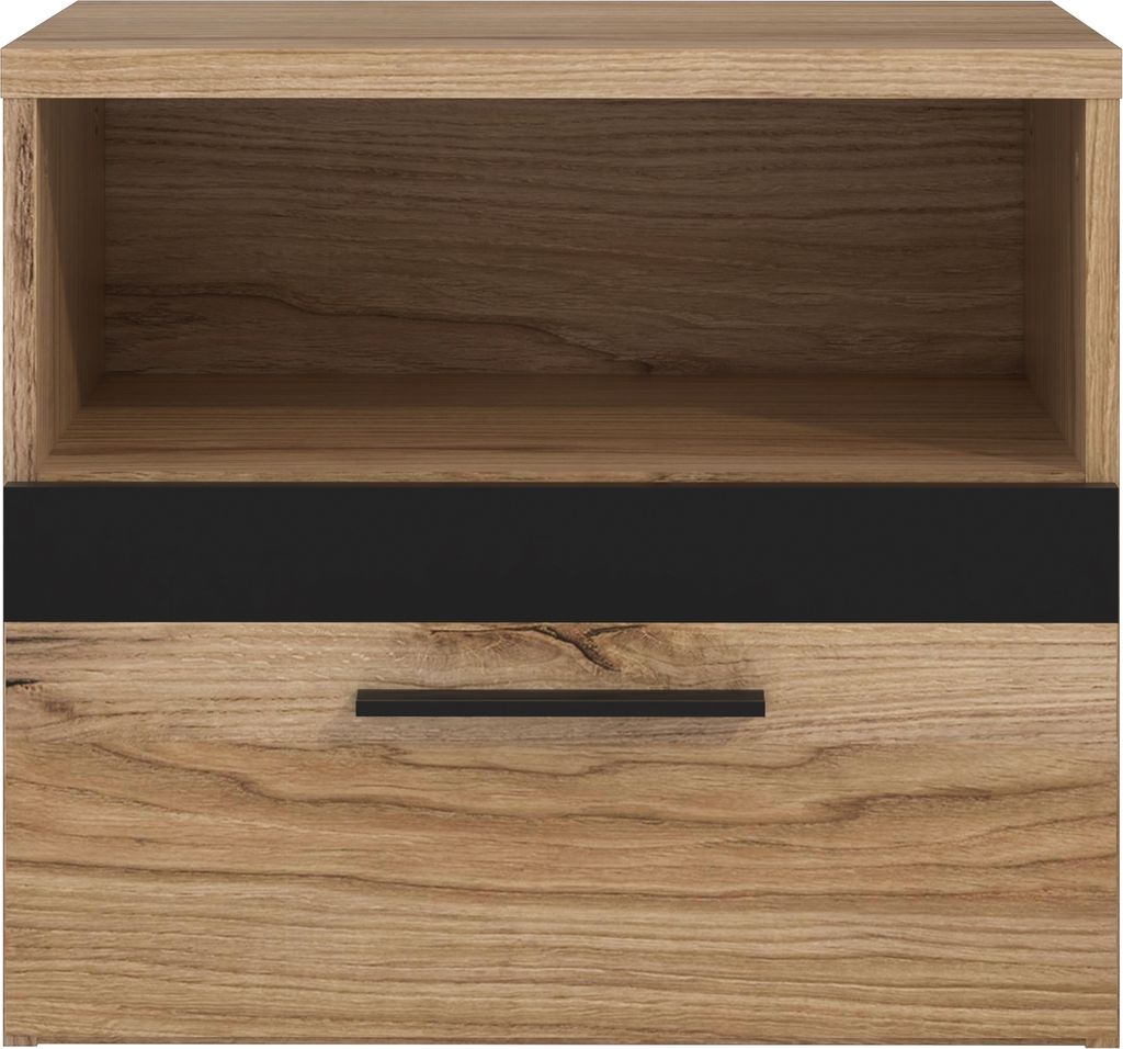 Nachtkommode >DALATE< 1 Schublade, Catania Eiche / Schwarz Matt - 50,2x45,2x33,8 (BxHxT)