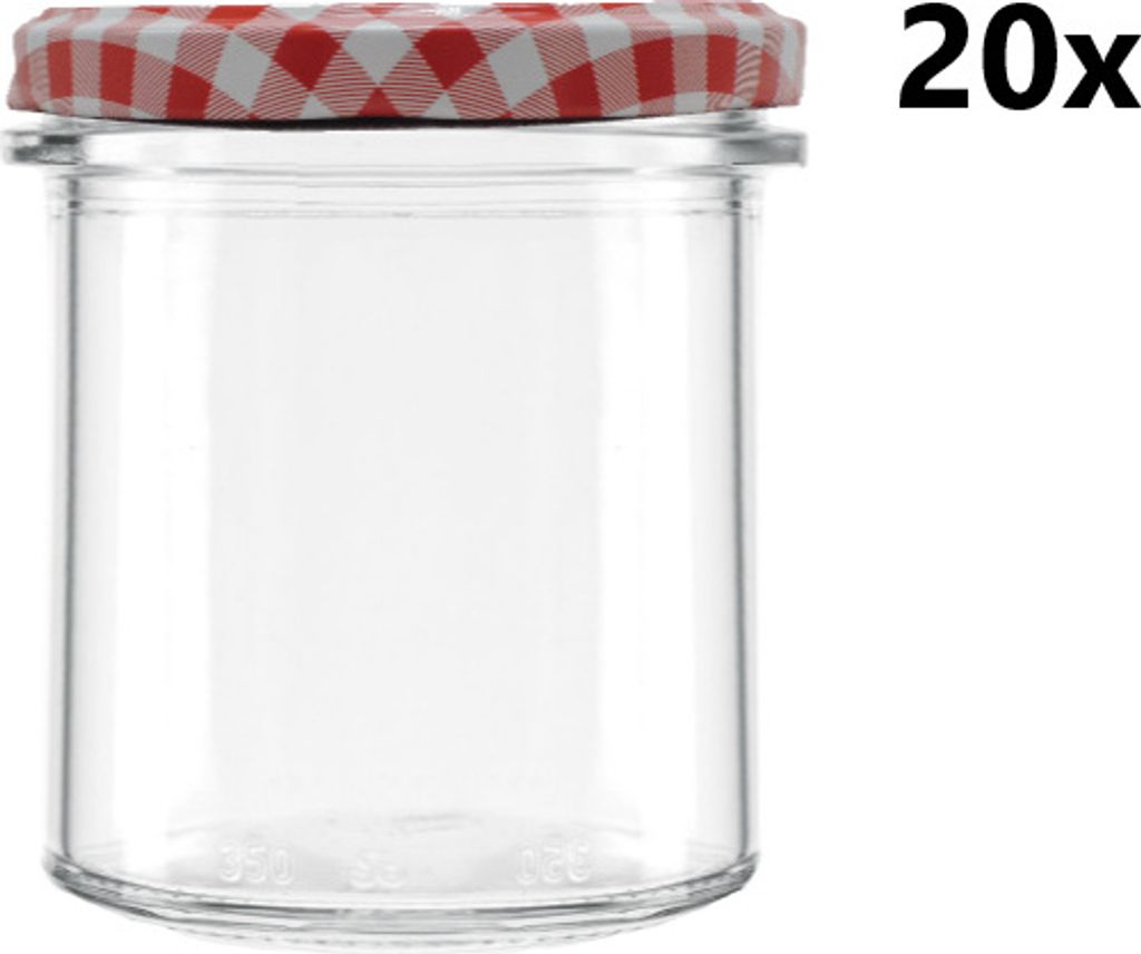 A clear glass jar with a red and white checkered lid, presented on a white background.