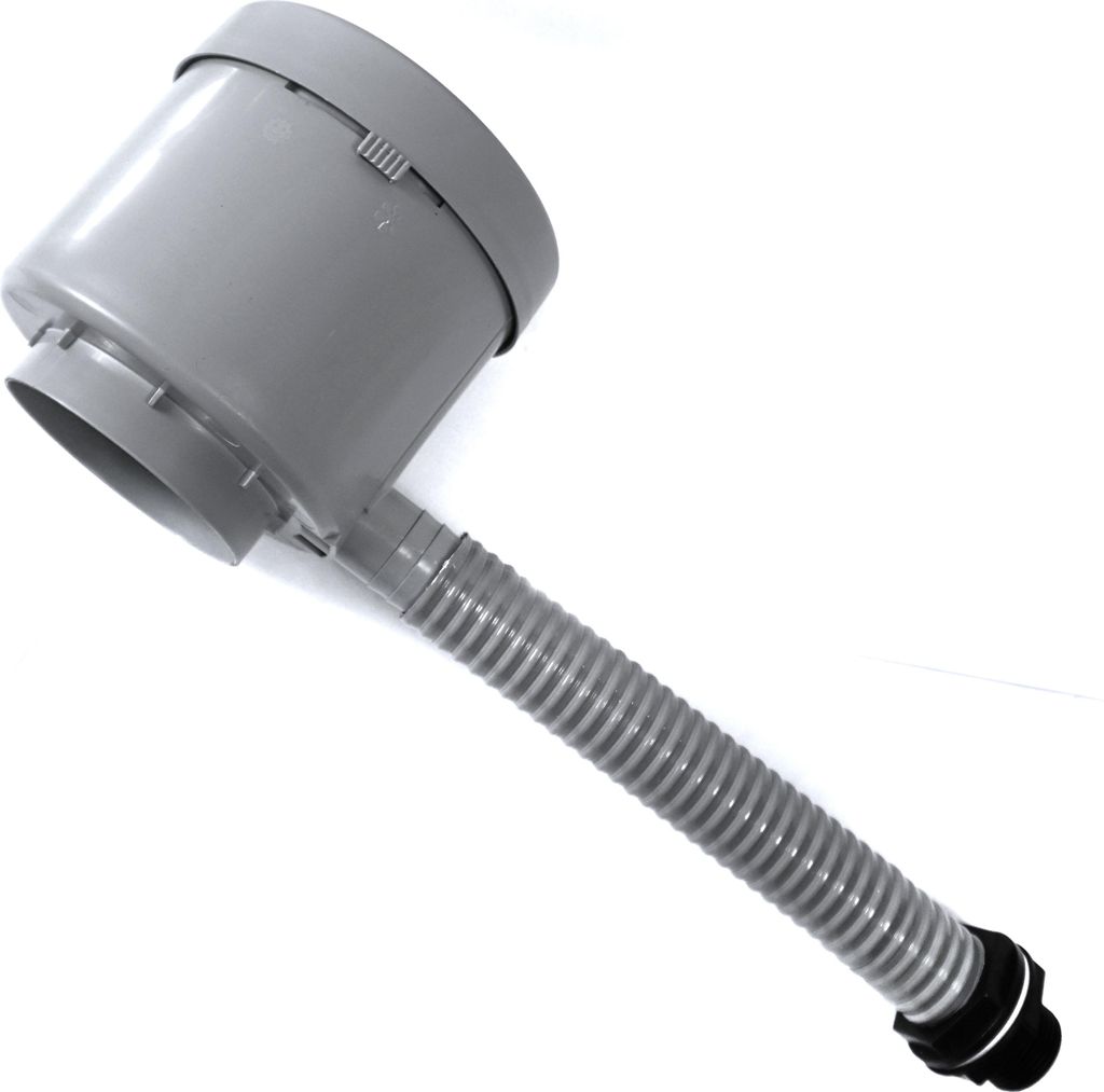 A gray plastic water filter with a flexible hose attached, shown against a white background.