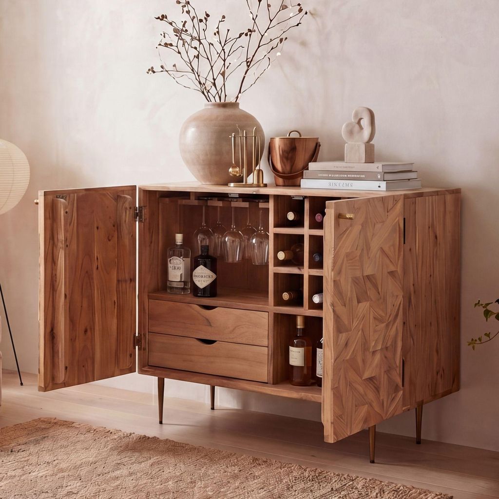 FineBuy Barschrank Akazie Massivholz 90cm Natur Weinregal Produktbild 