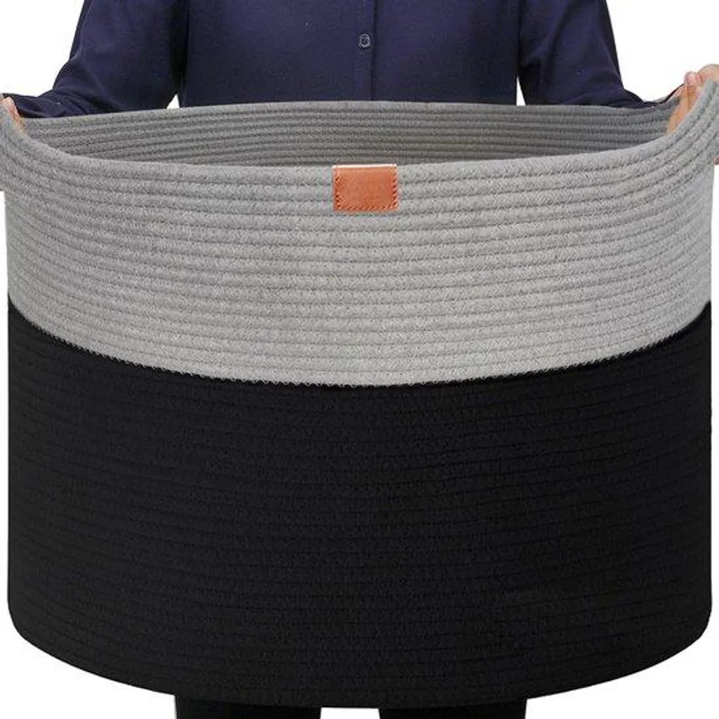 Panier à linge rond bleu et gris 55cm, bac de rangement grand format