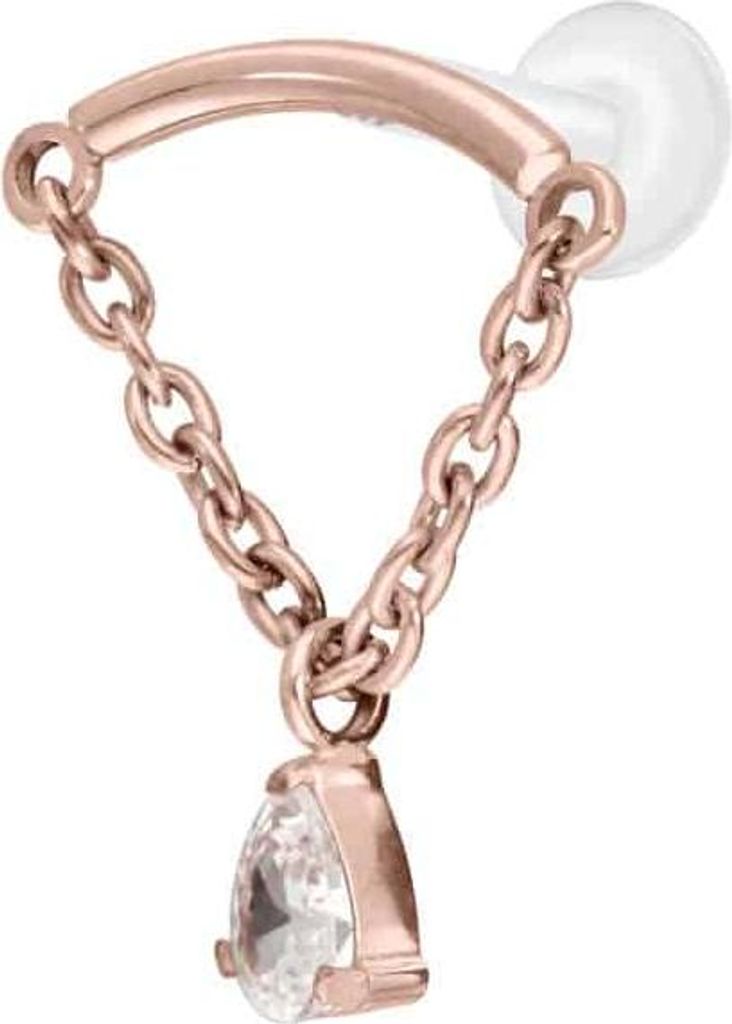 Ohrpiercing, Nasenpiercing PTFE Labret mit Innengewinde + Titan-Aufsatz BOGEN + KETTE + KRISTALLTROPFEN RoséGold Stablänge: 7mm | Stabstärke: 1,2mm