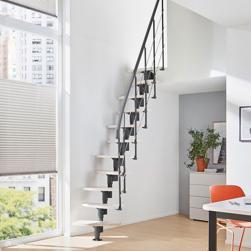 Mittelholmtreppe Intercon Alpha | Raumspartreppe mit 12 Stufen | Metallfarbe: Lava-Anthrazit | Stufendesign: Buche weiß