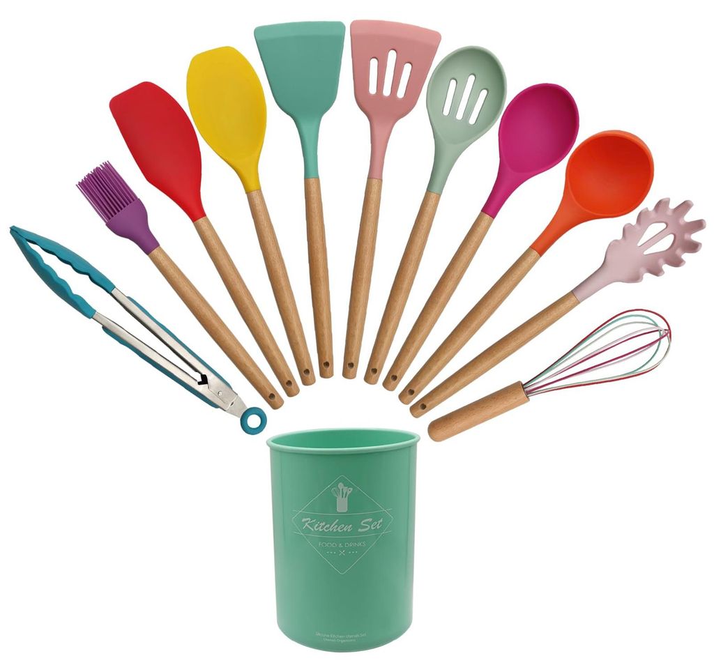 Küchenhelfer-Set, 12-teilig, Silikon, antihaftbeschichtet, hitzebeständig, Holzgriff, Kochutensilien, Silikonspatel, spülmaschinenfest