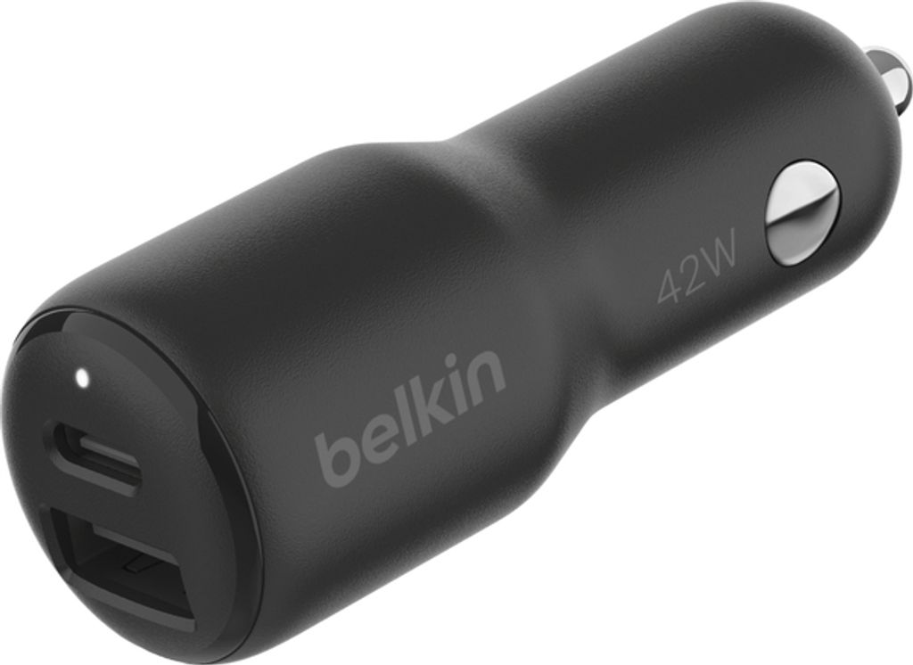 A black car charger with two USB ports and the brand name 'belkin' printed on it.