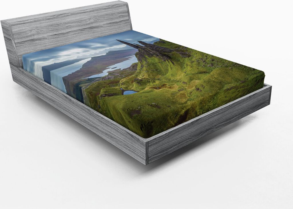 ABAKUHAUS Schottland Spannbetttuch, Schottisches Hochland im Grünen und See Wolkengebilde Blick auf das Meer Verlassene Ländliche Umgebung, 135 x...