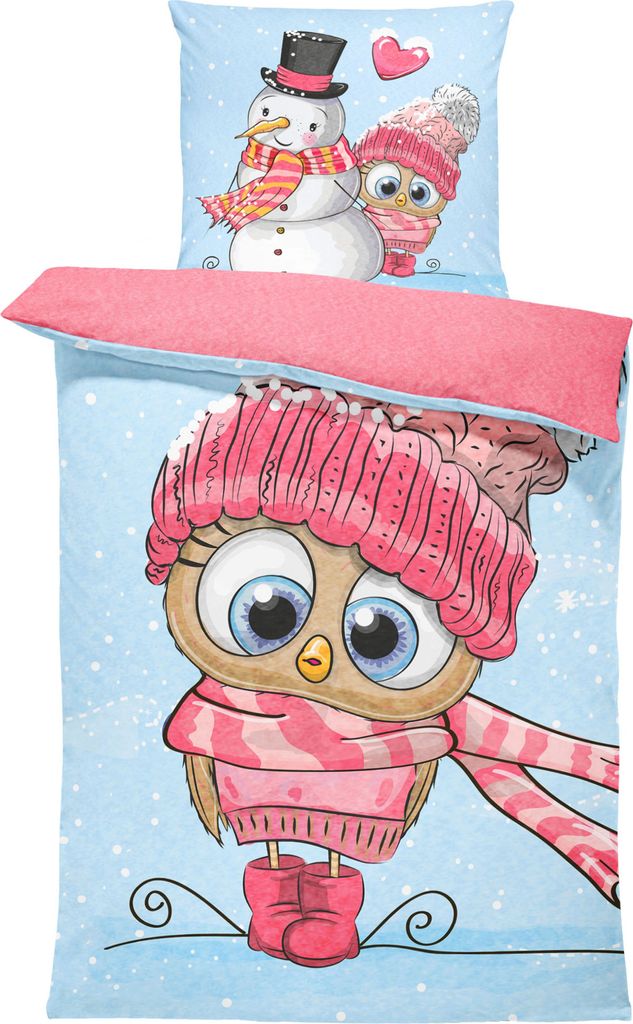Winter Bettwäsche 135x200 cm Schneemann Eule rosa hell blau Flausch Thermofleece