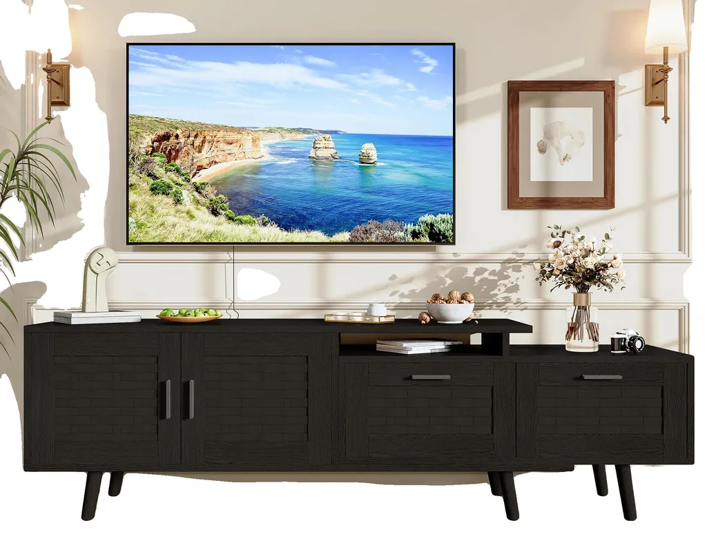 Meuble TV design rustique noir avec étagères de rangement spacieuses