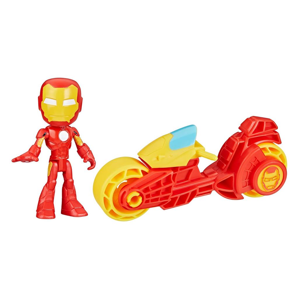 An Iron Man action figure and a motorcycle are displayed against a white background.
