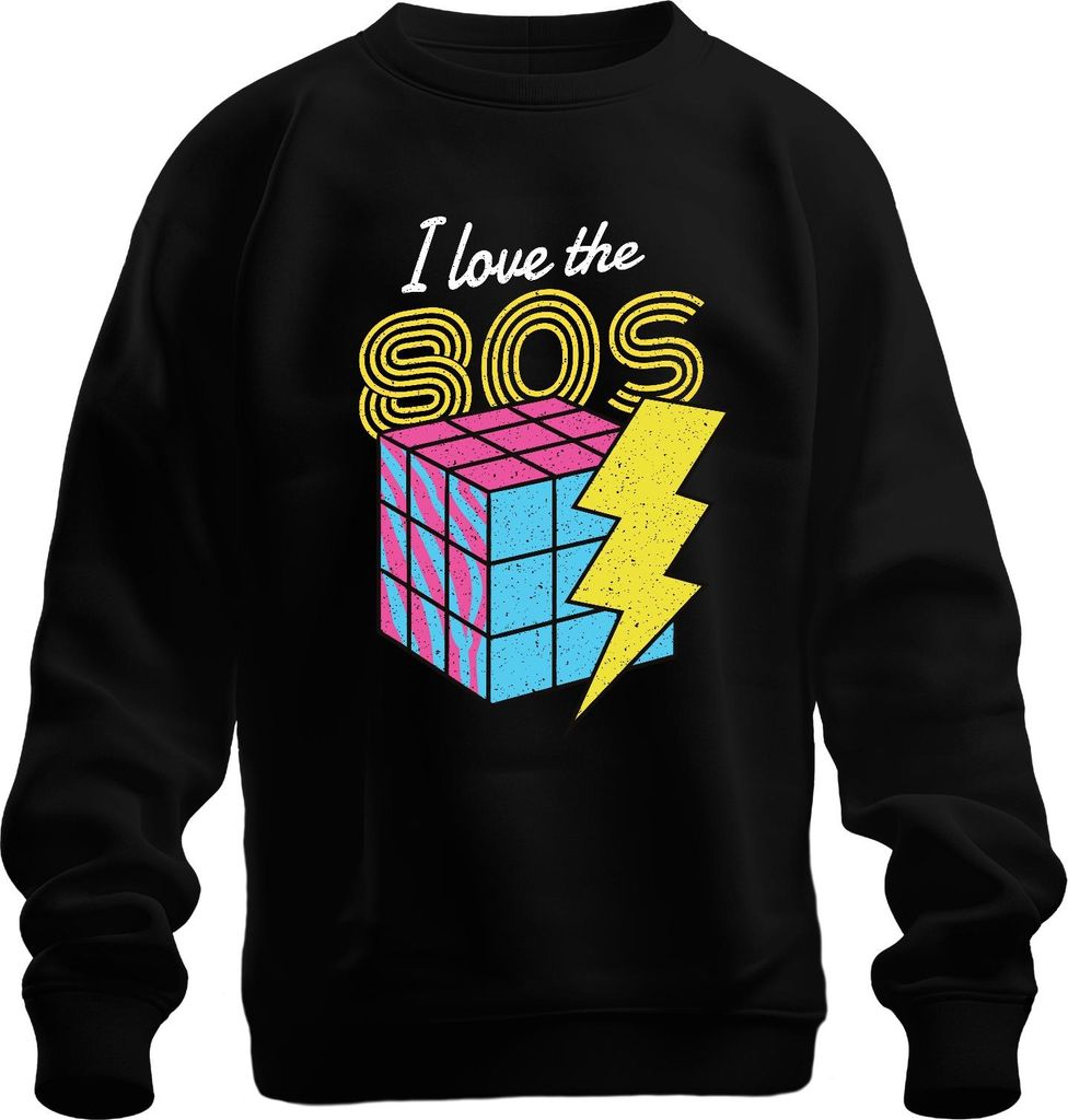 I love the 80s 80er Retro Neon Achtziger Zauberwürfel Blitz Pop Uni Sweatshirt Pullover, Schwarz, XXL