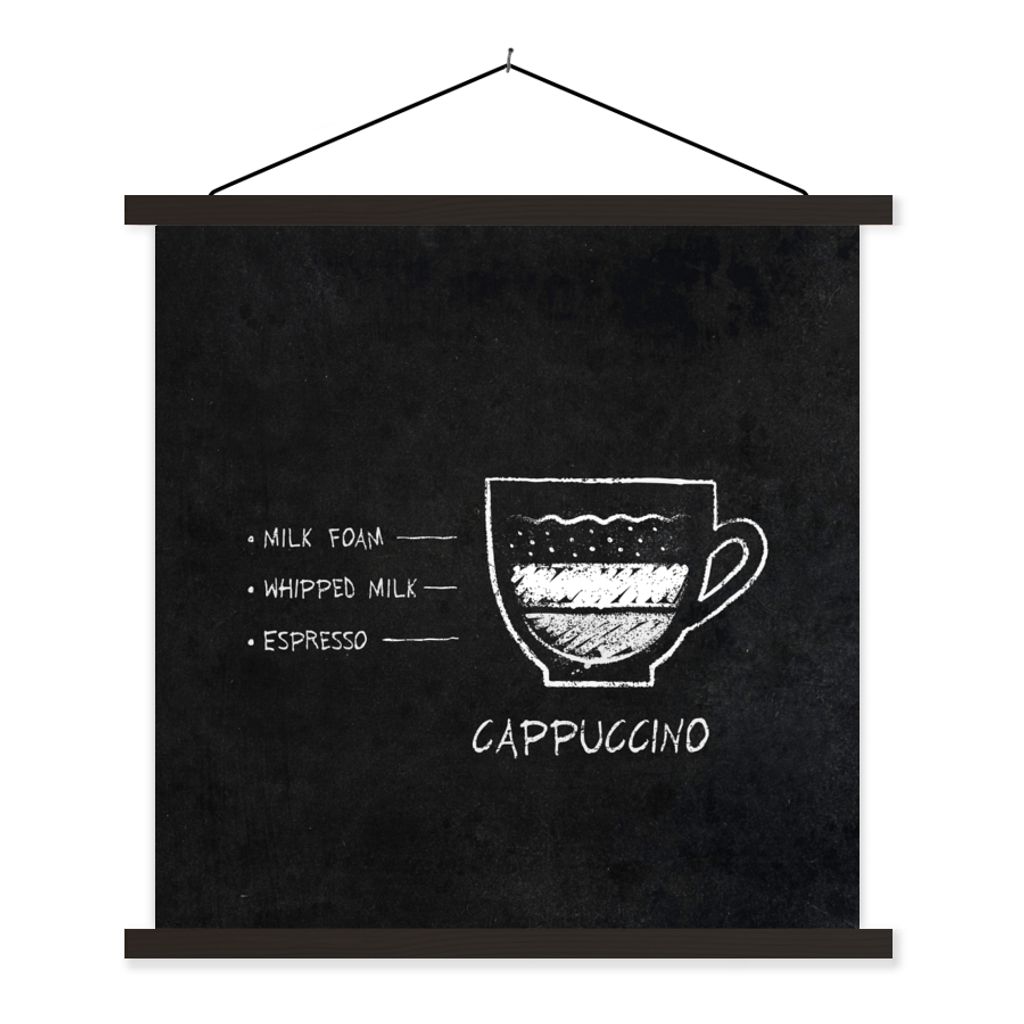 MuchoWow Textilposter Kaffee - Vintage - Text - Cappuccino - Zitate 120x120 cm mit schwarzem Rahmen - Aufhängungsset