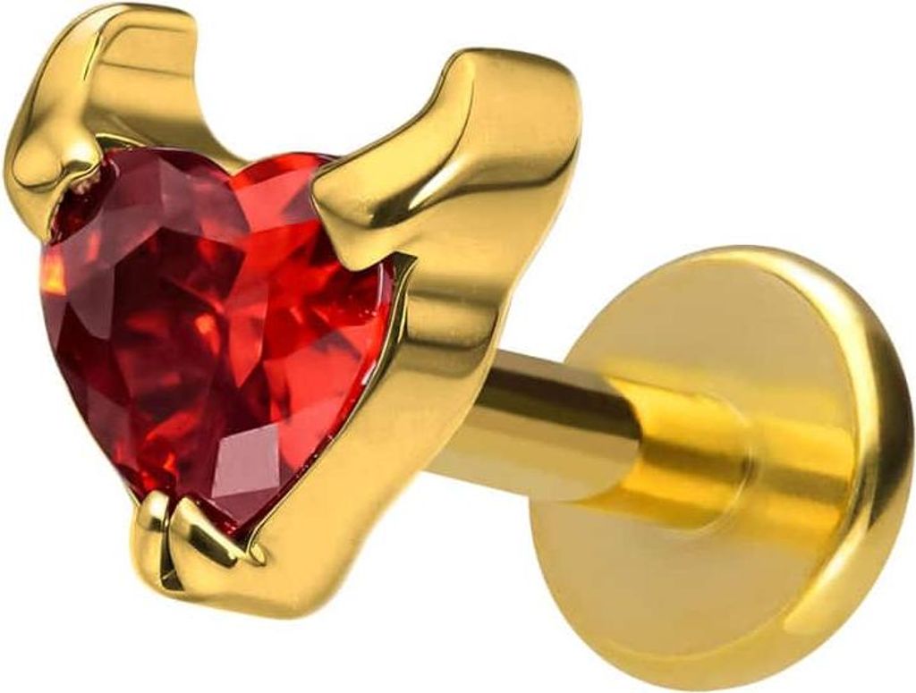 Ohrpiercing, Nasenpiercing Titan Labret mit Innengewinde TEUFELSHERZ Gold Stablänge: 6mm | Stabstärke: 1,2mm