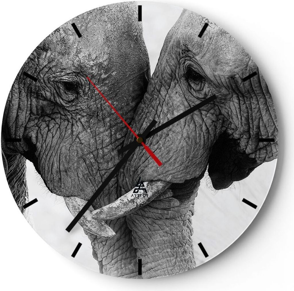 Wanduhr - Rund - Glasuhr - Elefanten Safari Bond - 30x30cm - Schleichendes Uhrwerk - Lautlos - zum Aufhängen bereit - Dekoration Modern - Wanddeko...