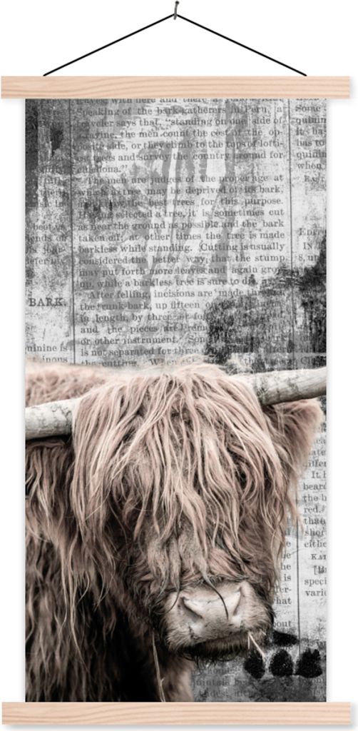 MuchoWow Textilposter Schottisches Hochlandrind - Vintage - Text 60x120 cm mit holzfarbenen Rahmen - Holz