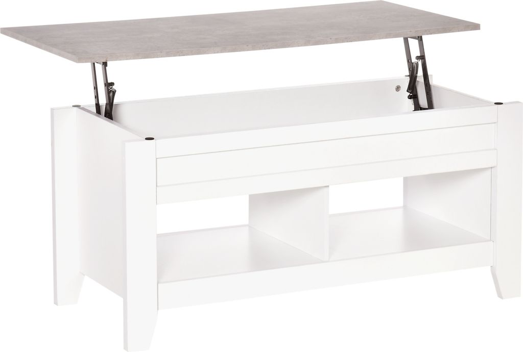 HOMCOM Anhebbarer Couchtisch, Couchtisch mit 2 offenen Fächern, Arbeitsplatte aus Marmorimitat, moderner rechteckiger Tisch für Wohnzimmer, Esszi...