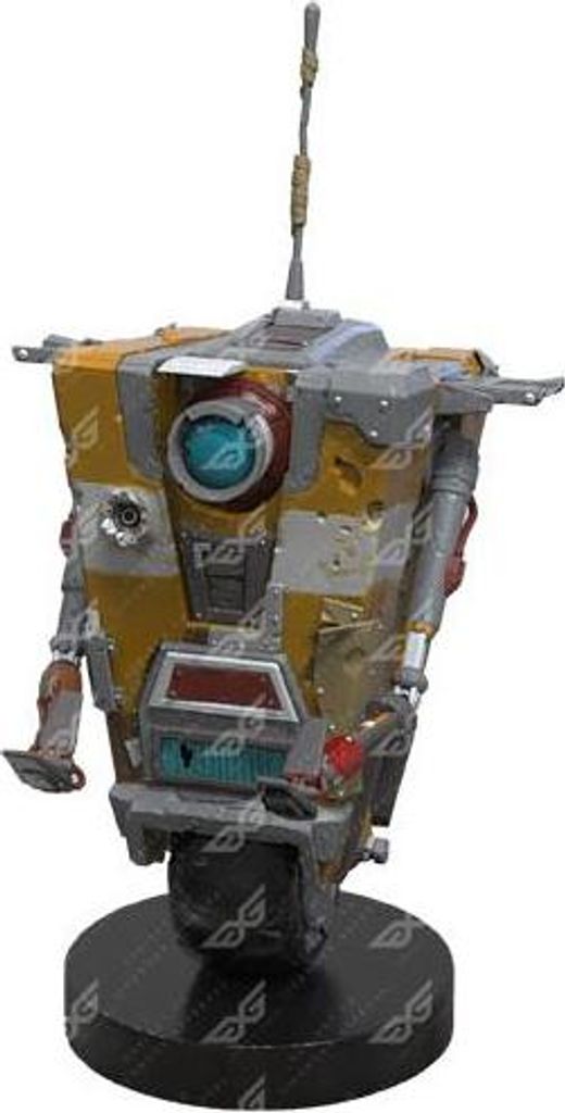 A static product shot of a Claptrap figurine from the video game Borderlands, mounted on a black circular base.