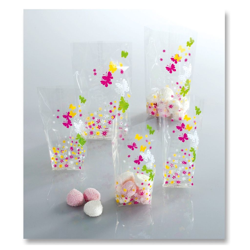 Folia Zellglasbeutel mit farbigem Frühjahrsdruck, 115x190mm, transparent (8er Pack)