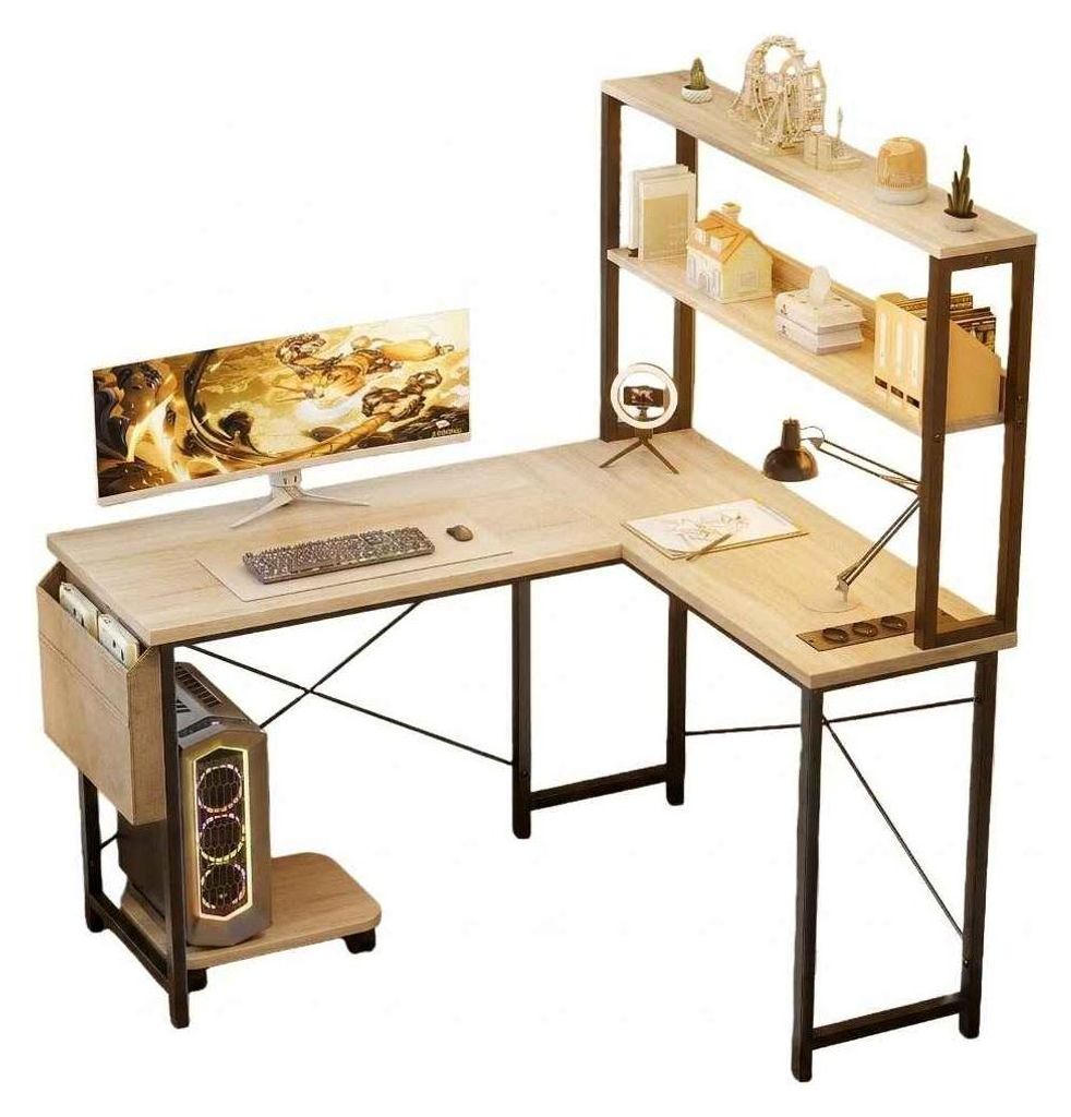 AIORBER L-Form Gaming Schreibtisch 148cm mit LED Beleuchtung USB Anschlüssen Eck Computertisch Bürotisch mit Regal und Aufbewahrung Beige