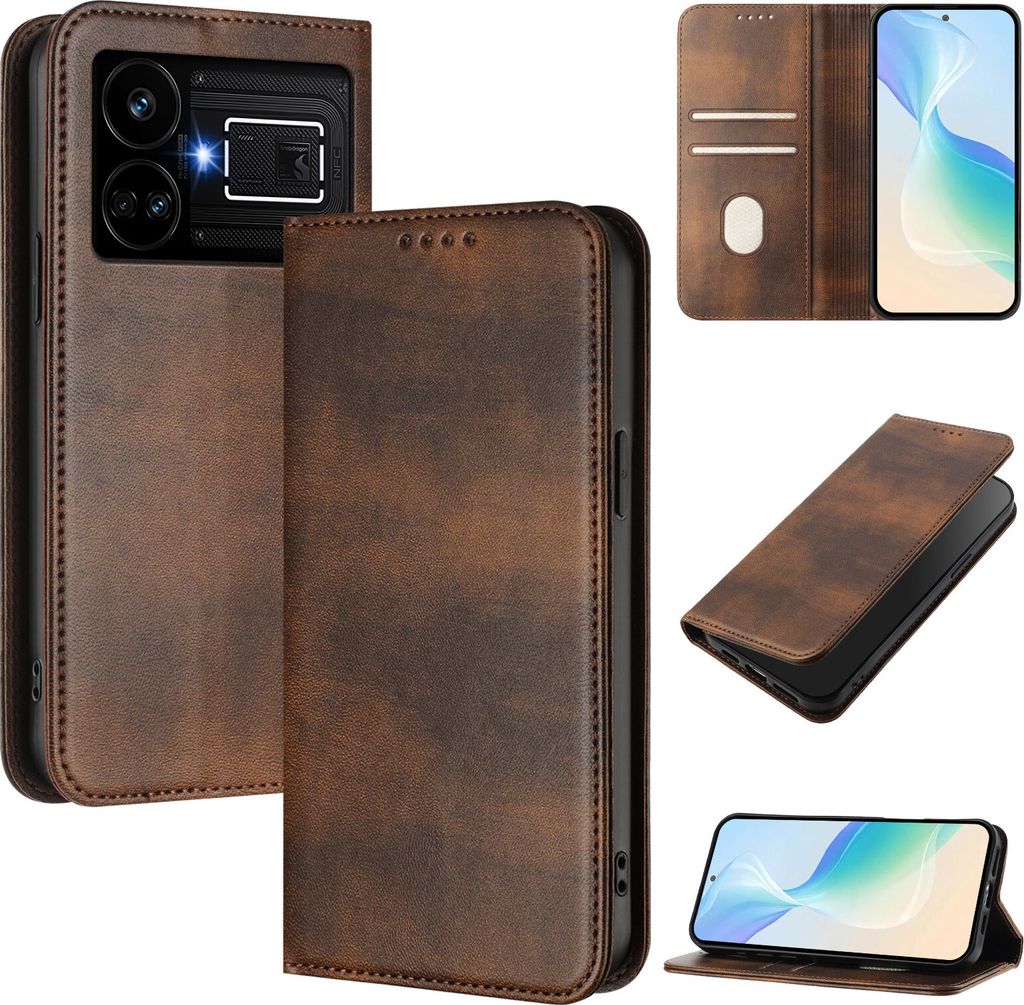 Handyhülle für Realme GT5 204W/Realme GT5, Vintage Leder RFID Schutz Kartenfach Standfunktion Magnetische Klapphülle Braun