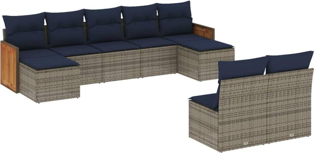 9-teiliges Gartensofa-Set mit Kissen, grau, Polyrattan