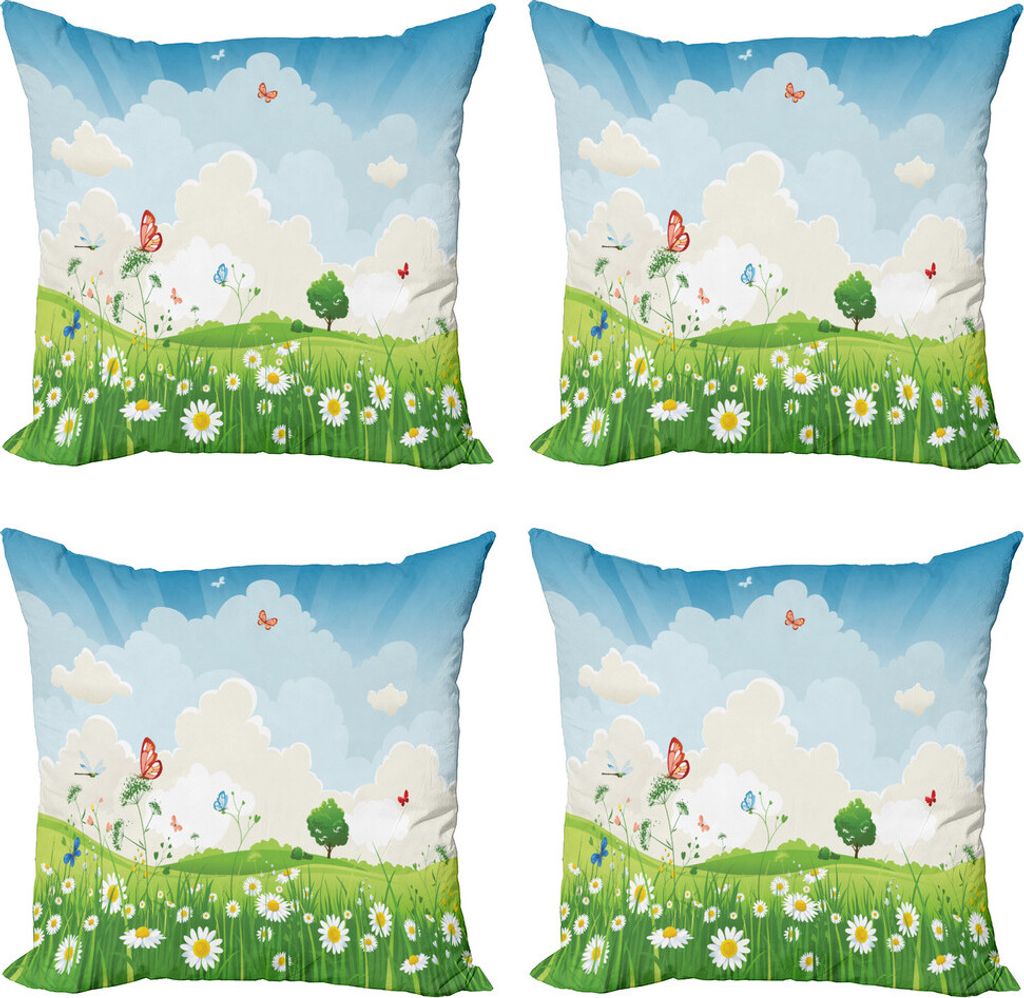 ABAKUHAUS Wiese Kissenbezug Set (4 Stück), Spring Time Sonnige Landschaft, Moderner Doppelseitiger Digitaldruck, 60 cm x 60 cm, Mehrfarbig