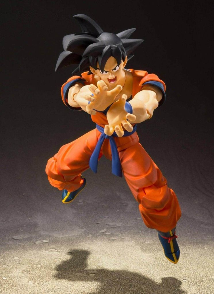 A Dragon Ball Z S.H. Figuarts action figure of Son Goku in a dynamic pose.
