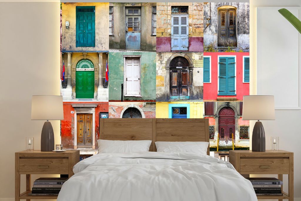 MuchoWow Fototapete für Wohnzimmer oder Schlafzimmer Wandtapete Vinyl Motivtapete Türen - Regenbogen - Architektur - Collage - 240x240 cm - Sch...