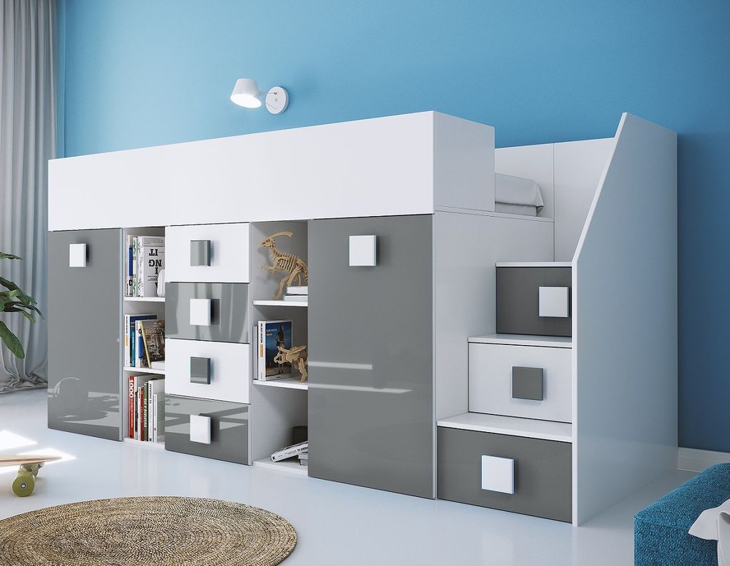 Hochbett Etagenbett weiß hochglanz mit Schreibtisch Schrank Regalen und Treppe rechts TELLY 3 weiß-grau