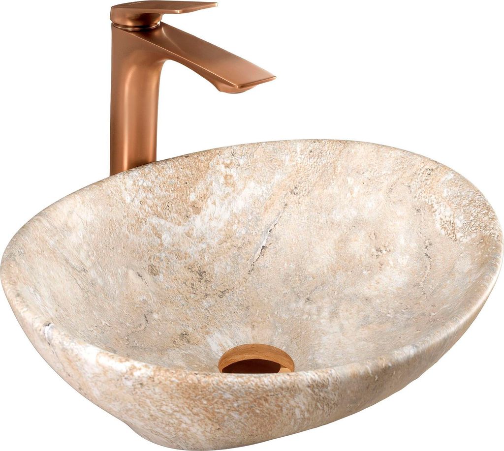 A stone vessel sink with a copper faucet against a white background.