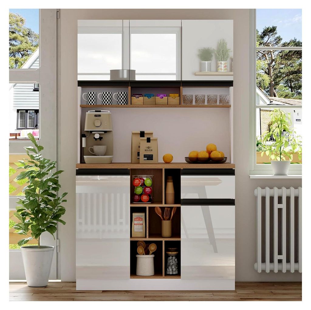 Moderner Küchenschrank in Weiß, 105×45×185 cm, Buffet, Sideboard, Hochglanzfronten, Metallgriffe, verstellbare Regale, Schubladen, offener Stau...