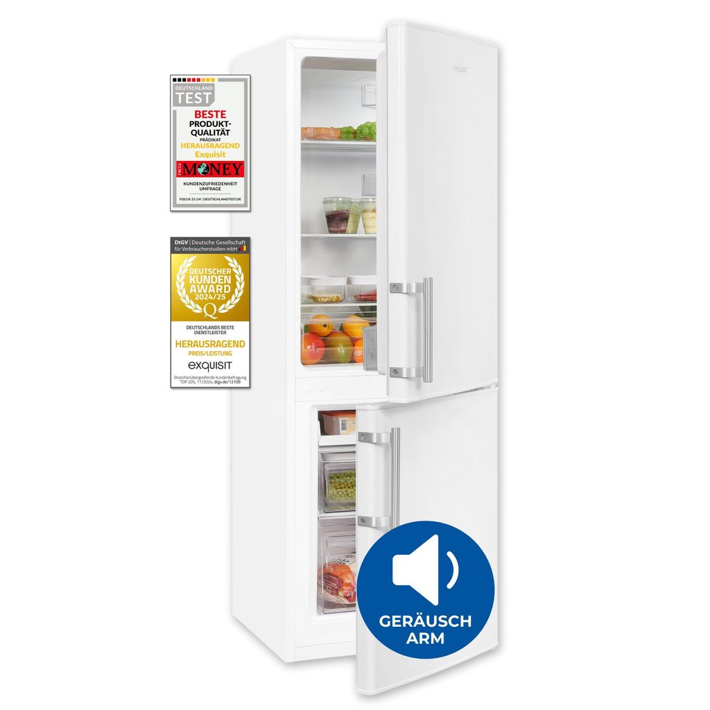 A white refrigerator with its doors open, displaying food items inside. Several award badges are attached to the left side of the refrigerator.