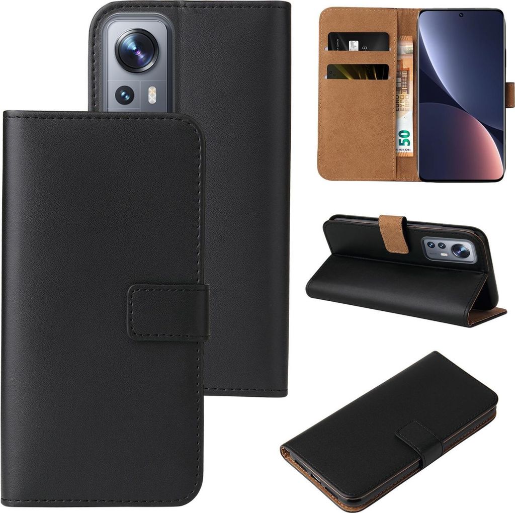 A collage of images showing a black flip phone case for a Xiaomi 12 Pro, including its interior card slots and how it functions as a stand.