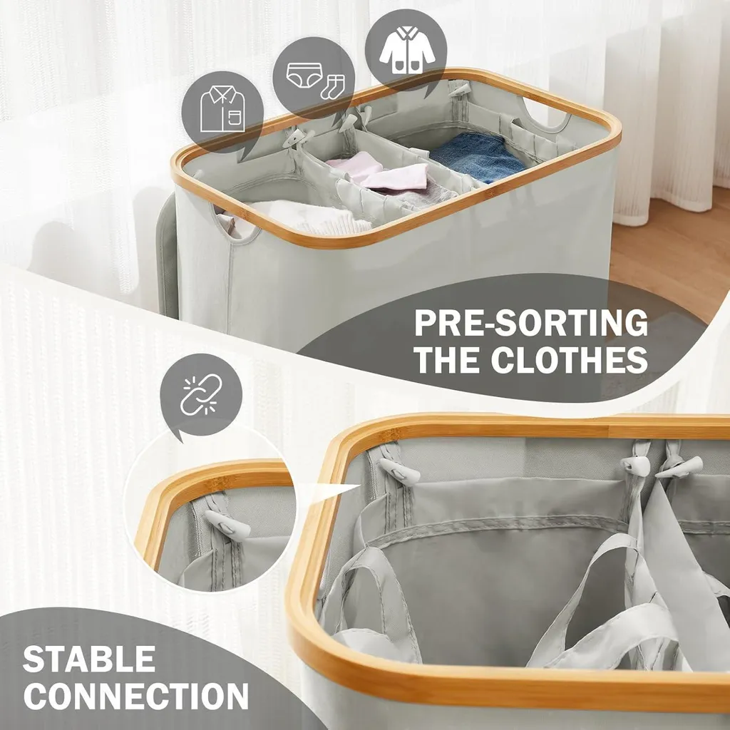 Coffre à Linge Triple Compartiment 160L Gris - Bac de Tri Pliable - 3