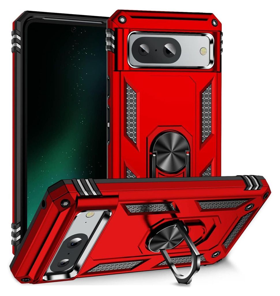 A red phone case with a ring holder is displayed from multiple angles.
