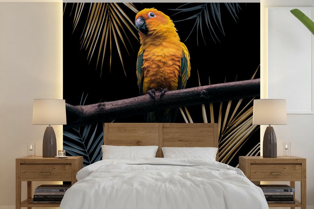 MuchoWow Fototapete für Wohnzimmer oder Schlafzimmer Wandtapete Vinyl Motivtapete Vogel - Papagei - Zweig - Blätter - 240x240 cm - Schlafzimmer...