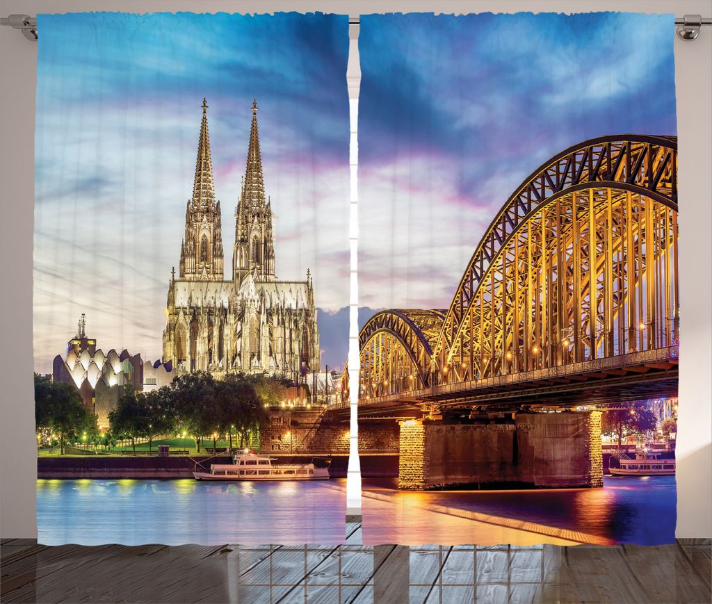 ABAKUHAUS europäisch Rustikaler Gardine, Alte Brücke und Rhein, Schlafzimmer Kräuselband Vorhang mit Schlaufen und Haken, 280 x 175 cm, Mehrfarbig