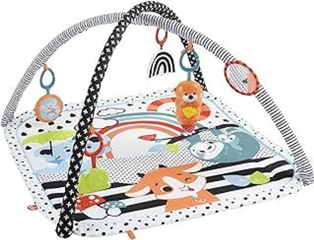 Fisher-Price Amici animali Tappeto gioco a contrasto, arco giochi, con musica e luci, tappeto da gioco per neonati, per giocare in posizione prona, attrezzatura per neonati, dalla nascita, HPF39