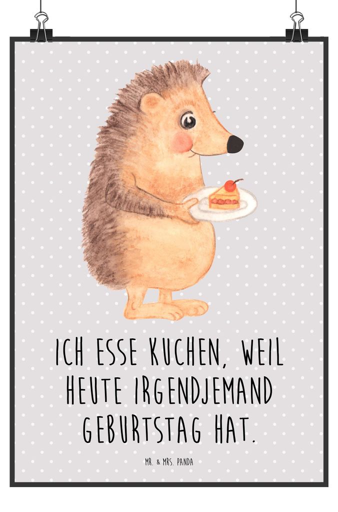 Mr. & Mrs. Panda Bild Igel Kuchenstück DIN A2 - Grau Pastell - Geschenk, Geburtstagskuchen, Lustige Sprüche, Kuchen Backen, Designposter, wandkun...