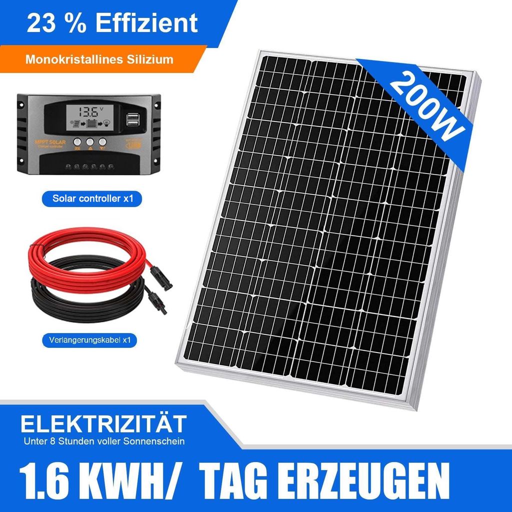 200W Solarmodul Solarpanel Kit 12V MONO Photovoltaik Solaranlage Komplettpaket für Wohnmobil Balkonkraftwerk Camping