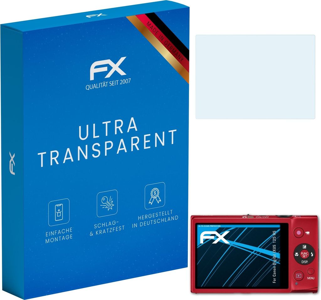 atFoliX FX-Clear 3x Schutzfolie kompatibel mit Canon Digital IXUS 125 HS Displayschutzfolie